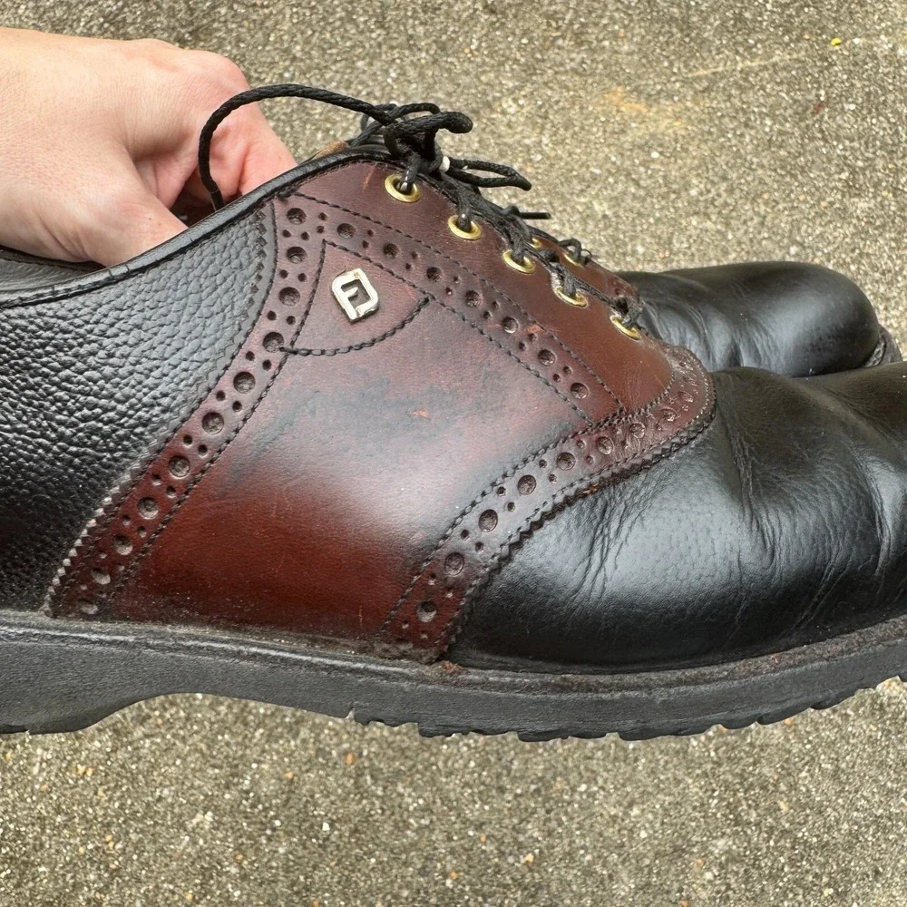 FootJoy Off-Course Saddle Oxford Mens 10 D Black/Brown Leather Lace Up Golf Shoe